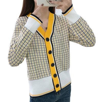 China Anti-wrinkle Korean version LDY606047-new loose wild knitted cardigan women contrast color retro v-neck plaid long-sleeved sweater for sale