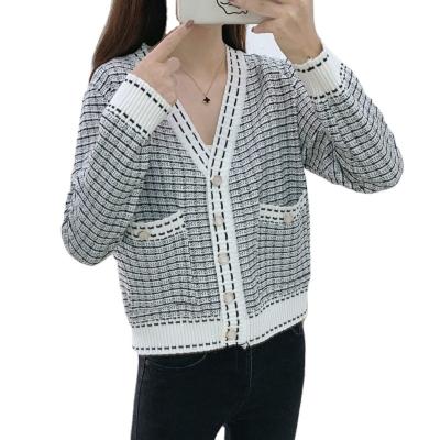 China LDY605045-new QUICK DRY autumn knitted sweater coat women small wind fragrant plaid blouse sweater coat for sale