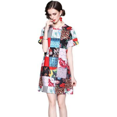 China XC5901050-Women washable mixed color trend multi-pattern short sleeve round neck printing slim dress for sale