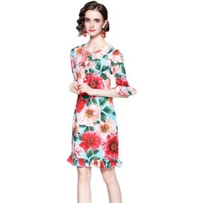 China XC5903049-Europe station fashion round neck temperament flare sleeve washable floral print ruffled dress for sale