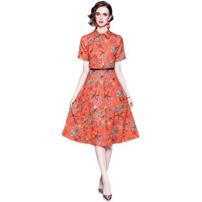 China CH5092068 washable 2021 summer stars the same paragraph starfish print pattern lapel waist short sleeve dress with belt for sale