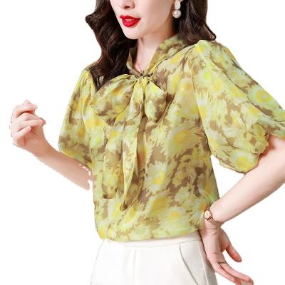 China 2022 new design summer anti-pilling chiffon shirt women's french print breath sleeve tops bow sense foreign style shirt small ES9081038 for sale