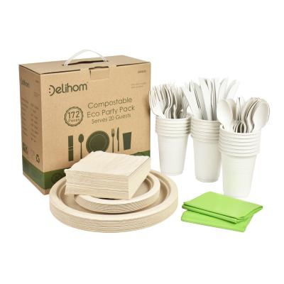 China 172 Piece Eco Compostable Party Set Disposable Serves 20 Guests Eco-Friendly Dinnerware Set Biodegradable Disposable Dinnerware Set for sale