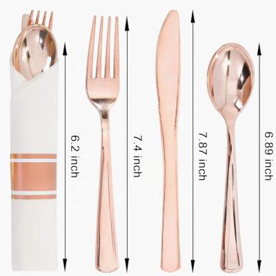 China 50pcs Western Rose Gold Plastic Silverware - Rose Gold Flatware with Napkin-Heavyweight Disposable Flatware for Wedding/Parties for sale