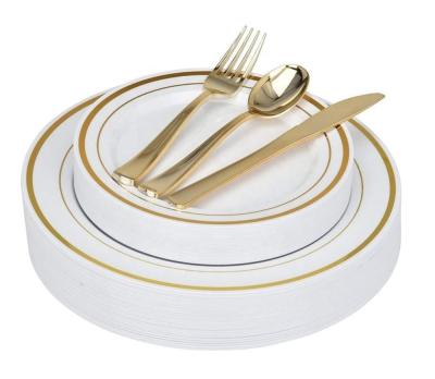 China Disposable Disposable 125 Piece Gold Dinnerware Set - 25 Guest Gold Plastic Plates Gold Plastic Plates Silverware Set for sale