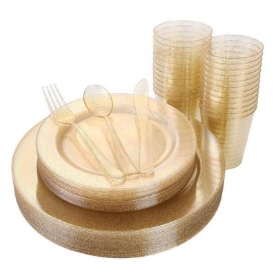 China 150 Piece Disposable Gold Disposable Dishes and Silverware and Plastic Cups, Gold Glitter Dinnerware Set for sale