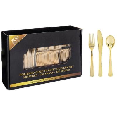 China Plastic Cutlery 100 Pieces 300 Pieces Gold Plastic Silverware Set-Heavyweight Disposable Flatware Disposable Forks, 100 Spoons, 100 Knives for sale