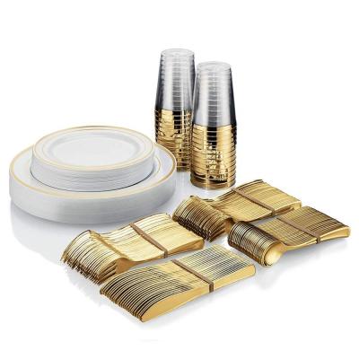 China 175 Gold Guest Disposable Tableware Set Disposable 25 Pieces | Durable plastic dishes, cups and silverware. for sale