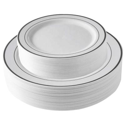 China [60 COUNT] Disposable White with Silver Rim Plastic Disposable Plates: 30 Dinner Dishes and 30 Salad Bowls for sale