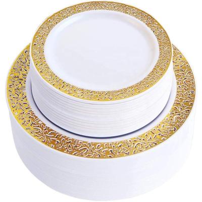 China Disposable Gold 102pcs Disposable Plastic Dishes - Lace Design 51 Dinner Dishes 10.25inch 51 Salad / Wedding Party Dessert Dishes 7.5inch for sale