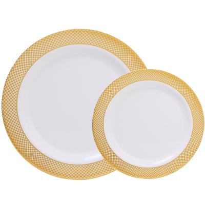 China 60PCS Disposable White with Gold Rim Wedding Party Plastic Plates Tableware Sets 30-10.25inch Dinner Dishes and 30-7.5inch Salad Bowls for sale