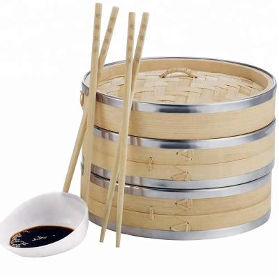 China Premium Commercial 2 Tier Bamboo Kitchen Steamer with Stainless Steel Band includes 2 pairs of chopsticks and 50 wax steamer liners, for sale