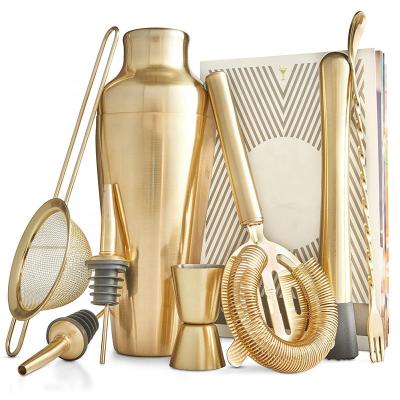 China Disposable Premium Stainless Steel Parisian Brushed Cocktail Shaker Set Gold Boston in Gift Box, Cocktail Strainer, Twisted Bar Spoon, for sale