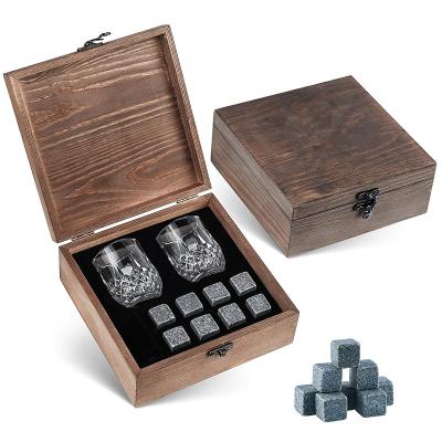 China Disposable Whiskey Stones Gift Set Granite Square Cooling Whiskey Rocks 2 Crystal Shot Glasses In Reusable Wooden Box Bar Accessories for sale