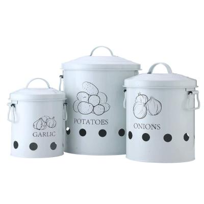 China Sustainable Round Metal Potato Onion Garlic Sets Storage Container Can Canister For Kitchen for sale