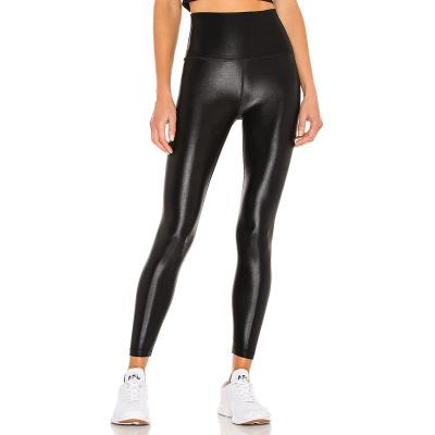 China Wholesale Breathable Sexy Shiny Tight Black Faux Leather Yoga Leather Gaiters For Women Ladies Pants Fashion Stretch PU High Waisted Tights for sale