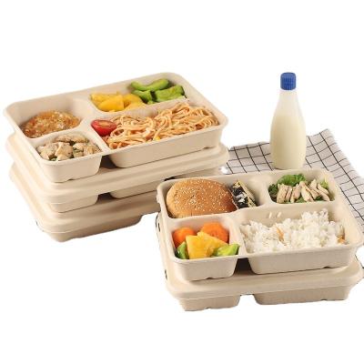 China School Canteen Disposable Degradable Takeout Packing Multi Compartment Tray Biodegardable Pulp Dish Bowl Four Compartment Lunch Box for sale