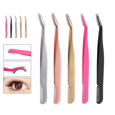 China Professional False Eyelash Extension Eyelash Curler Tweezers With Comb Tools Stainless Steel Wide Grafted Eyelash for sale