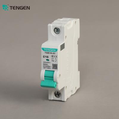 China TENGEN C Curve Type 1 Pole 16 Amp Miniature Circuit Breaker TGB1N-63 1P C16 for sale