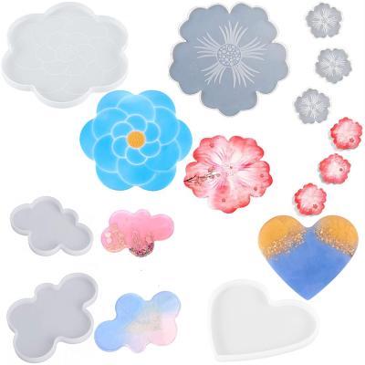 China Artificial Different Flower Heart Cloud Coaster Silicone Mold UV Epoxy Resin Craft Making Tool Home Decor Jewelry Storage Casting Molds for sale