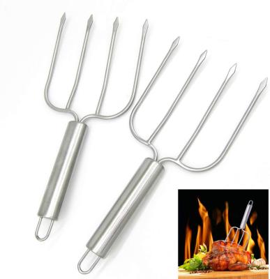 China Suitable Durable Kitchen Barbecue Grill Rotisserie Meat Fork Turkey Chicken Pusher Fork for sale