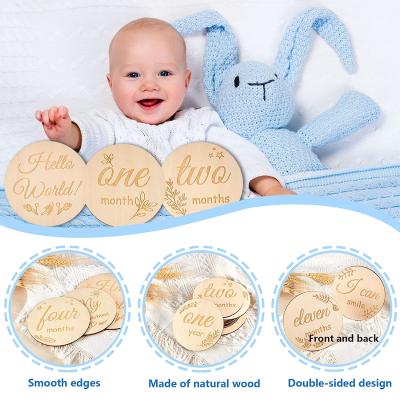 China Europe Baby Wooden Monthly Milestone Single Sided Discs Round Wooden Baby Milestone Milestone Includes 14 Cards for sale