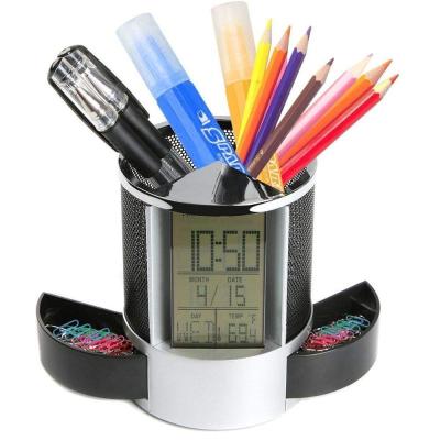 China Calendar BolerGifts BSCI Audited Desk Mate Alarm Table Clock Mesh Pen Pencil Holder Calendar Timer with 2 Small Drawer for sale