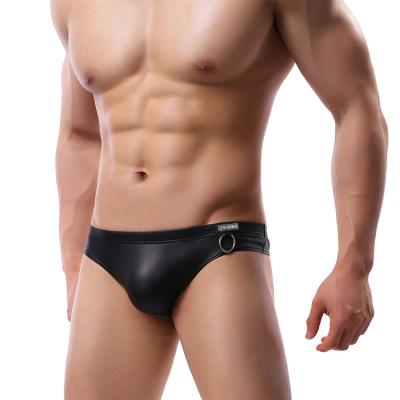 China Black Faux Leather Underwear Men Briefs Hombre Lingerie Breathable Sexy Male T-back Rise Low Rise Briefs Steel Ring for sale