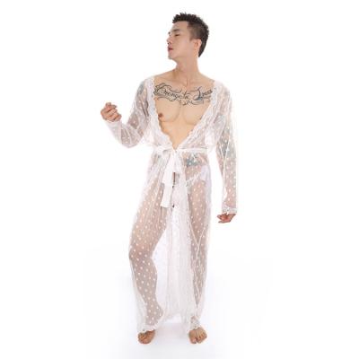 China QUICK DRY Sexy Lace Lingerie Robe Gay Good Quality Bathrobe Sheer Nightgowns Erotic Long See Through Men Dressing Gown And Thong Sleepwear for sale