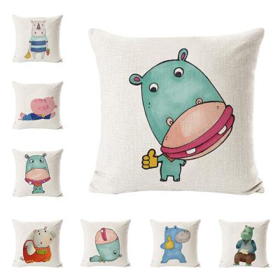 China 2021 Cotton Cartoon Animals Hippo Decorative Cute Blue Pillow Cover High Quality Canvas Viable Custom Design for sale