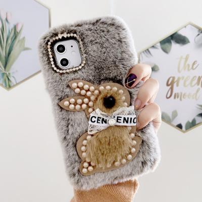 China Anti-fall For Iphone 13 Luxury Soft Plush Rubber Rabbit Phone Case For iPhone With Pearl for sale