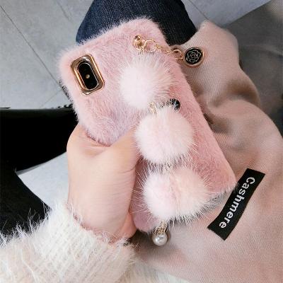 China hot sale Anti-fall for iPhone 13 plush furry winter warm case for 11 promax protective case with colorful wristband ball cover for sale