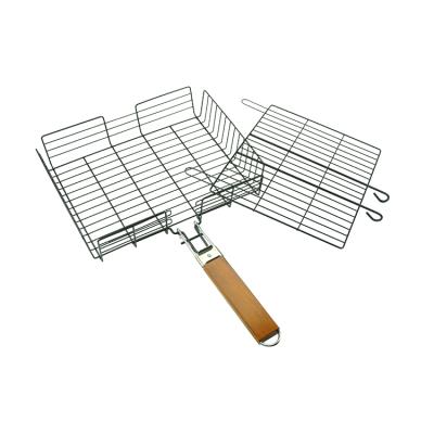 China Easily Cleaned Portable Folding Wooden Handle Stainless Steel Barbecue Grill Roasted Net for sale