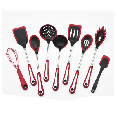 China 9 Pcs Viable Cooking Tool Kits PBT+LFGB Liquid Silicone Kitchen Tools Cooking Red And Black Silicone Kitchen Utensils With Stand for sale