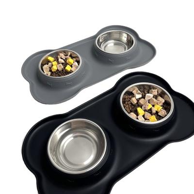 China Pet Food Bowls Non-Auto Feeder Anti-Slip and Drip-Proof Silicone with Removable Stainless Steel Food and Water Dishes for sale