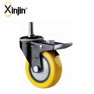 China 5 Inch Flat Freestanding PU Threaded Double Stem Brake Caster Wheel With Yellow Color for sale