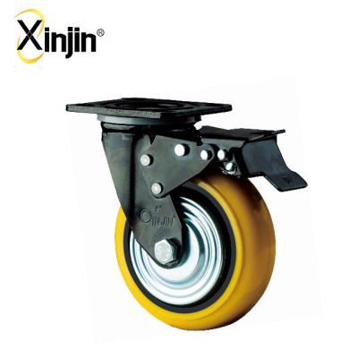 China 4 Inch Iron Core Flat Free Round Outdoor PU Caster Wheel With Double Brake for sale