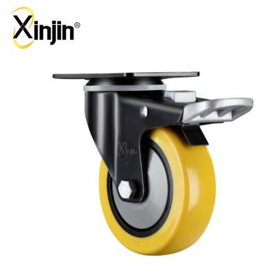 China Yellow PIVOT 3inch Double Brake PU Caster Wheel Industrial for sale