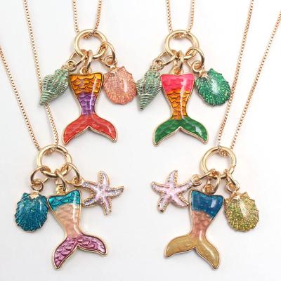 China Wholesale Cute Conch Pendants Starfish Tail Mermaid Charm Necklace Girls Child Ocean Style Alloy Long Chain Necklace for sale