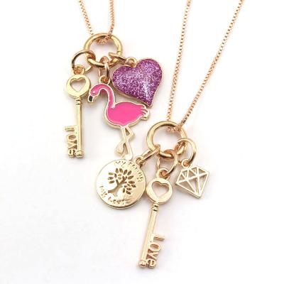 China Cute Baby Kids Key Cute Heart Flamingo Pendants Necklace Charm Children Girls Alloy Chain Necklace For Party Jewelry for sale