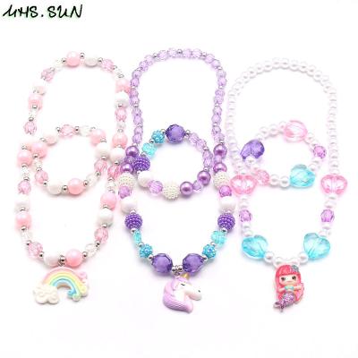 China Cute Kid Girls Mermaid Unicorn Rainbow Pendant Necklace Bracelet Set Beaded Adorable Baby Kids Jewelry Set Wholesale for sale