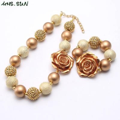 China Cute Kids Shape Rose Flower Gold Color Chunky Beads Necklace Bracelet For Kids Girls Acrylic Beaded Jewelry Set Newest for sale