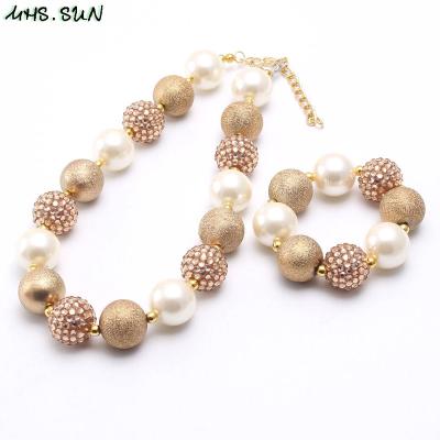 China Lovely Cute Design Baby Kids Rhinestone Pearl Beads Necklace Bracelet Charming Chunky Jewelry Set Gold White Color for sale