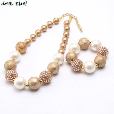 China Newest Gold Color Chunky Beads Necklace Bracelet For Kid Children Girls Cute Acrylic Rhinestone Beaded Jewelry Set for sale