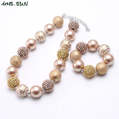 China Cute Hottest Design Kids Chunky Beads Necklace Bracelet Gold Color Babies Charm Acrylic Beaded Jewelry Set New for sale