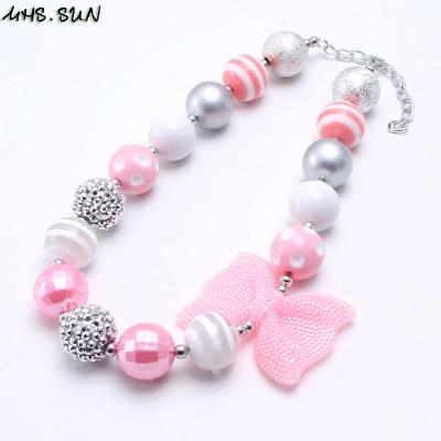 China Hotter Sale Fashion Girls Kids Chunky White Beads Necklace Handmade Jewelry Baby Child Big TRENDY Pink Bowknot Necklace for sale