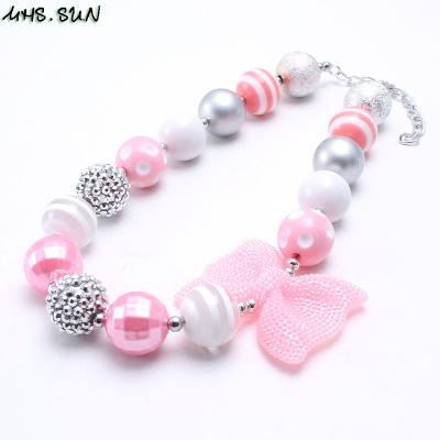 China Trendy Big Bowknot Design Big Cute Babies Chunky Beads Necklace Fashion Pink silver color beaded necklace for kids jewelry for sale