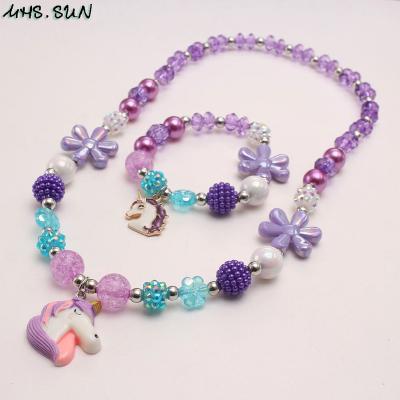 China Cute Design Cute Unicorn Pendant Jewelry Set Purple Beads Elastic Necklace Bracelet For Kid Children Girls Charm Accessories for sale