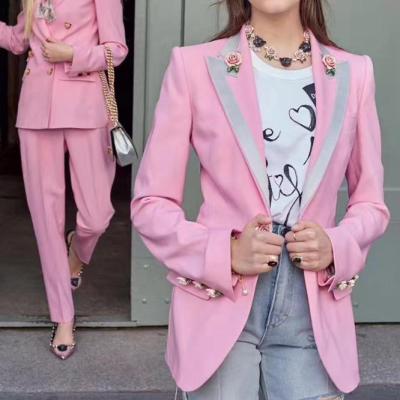 China 2020 New Designs Viable Rose Buttons Embellished Single Breasted Floral Print Jacket Lining Rose Color Blazer For Ladies for sale