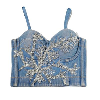 China 2022 New Arrival Fashion Summer Breathable Denim Beading Pearl Design Women's Bustier Corset Fashionable Woman Tops for sale